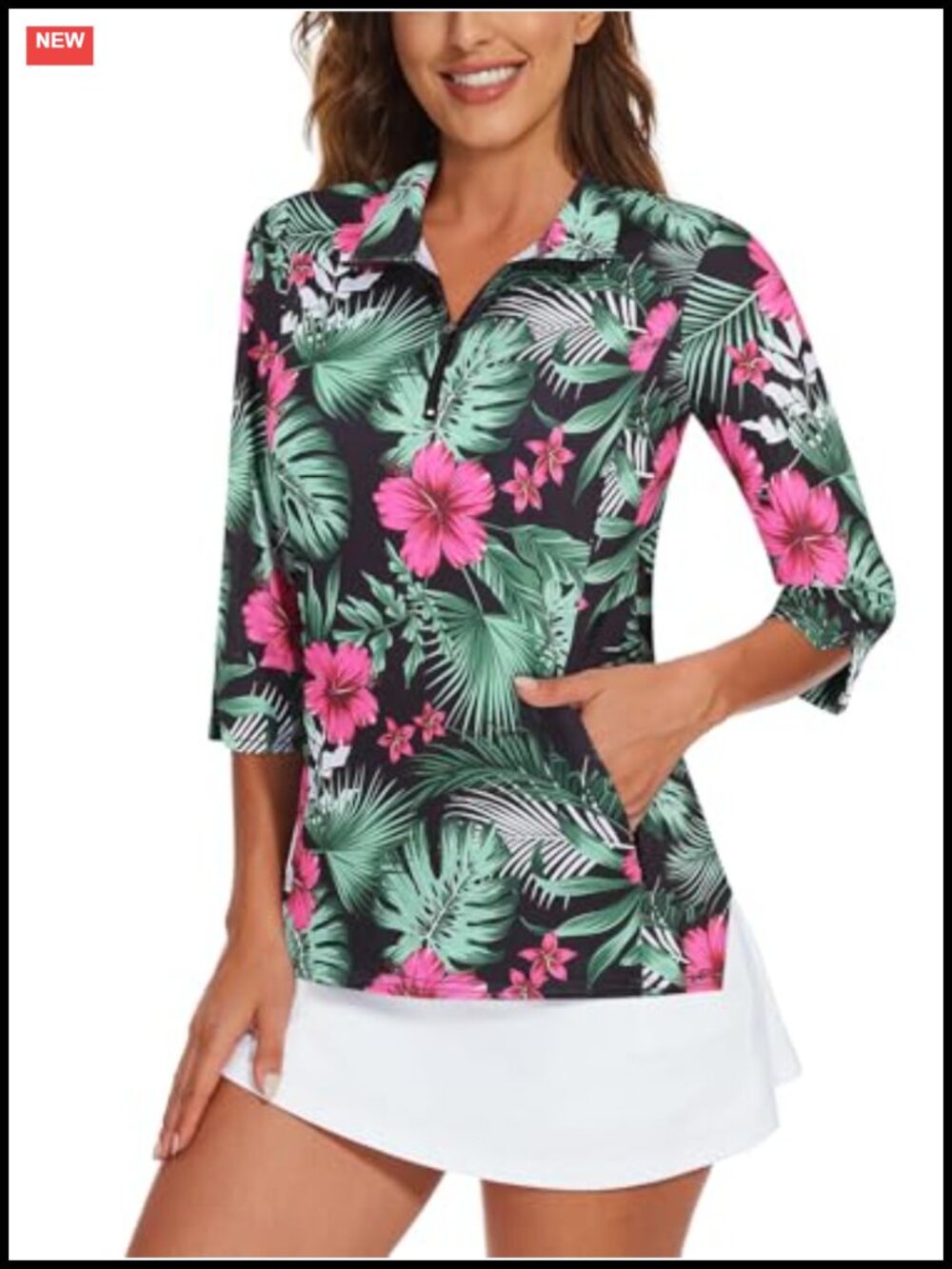 Women's 3/4 Sleeve Athletic Polo Golf Shirt Sun Protection Quarter Zip
